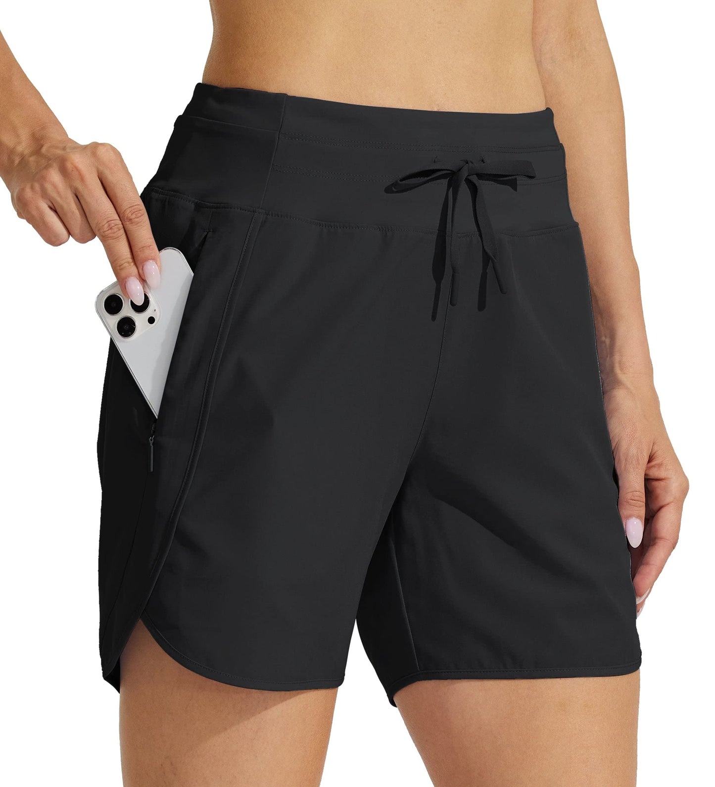 Willit Women's Athletic Running Shorts 5" Quick Dry Workout Hiking High Waisted Active Gym Exercise Zipper Pocket Black L