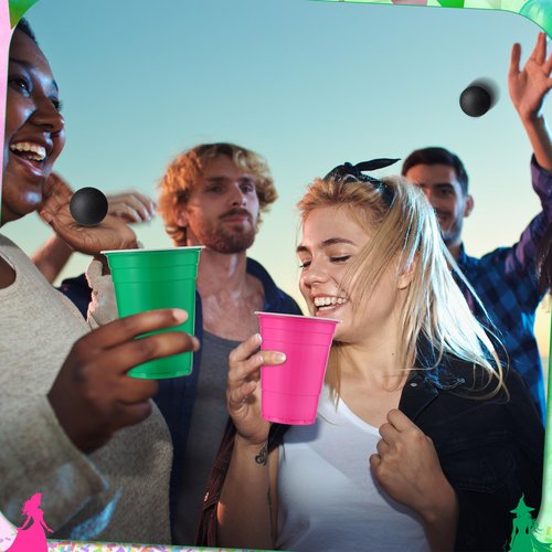 30 Pcs Cup Table Tennis Game Set 22 Plastic Party Cups 15 oz and 8 Black Balls Reusable Pink and Green Cups Ball Game for Drinks Picnics Birthday Halloween Christmas New Year Party Games Favors
