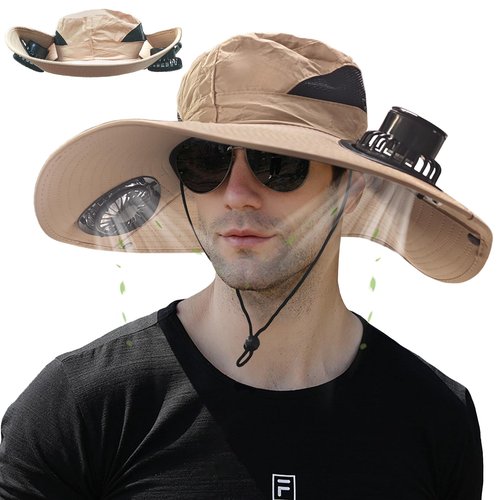 Solar Fan Hat, Solar Powered Fan Hat with 2 Solar, Wide Sun Hats for Men Women, Outdoor Hiking Camping with Fishing Hat Beige