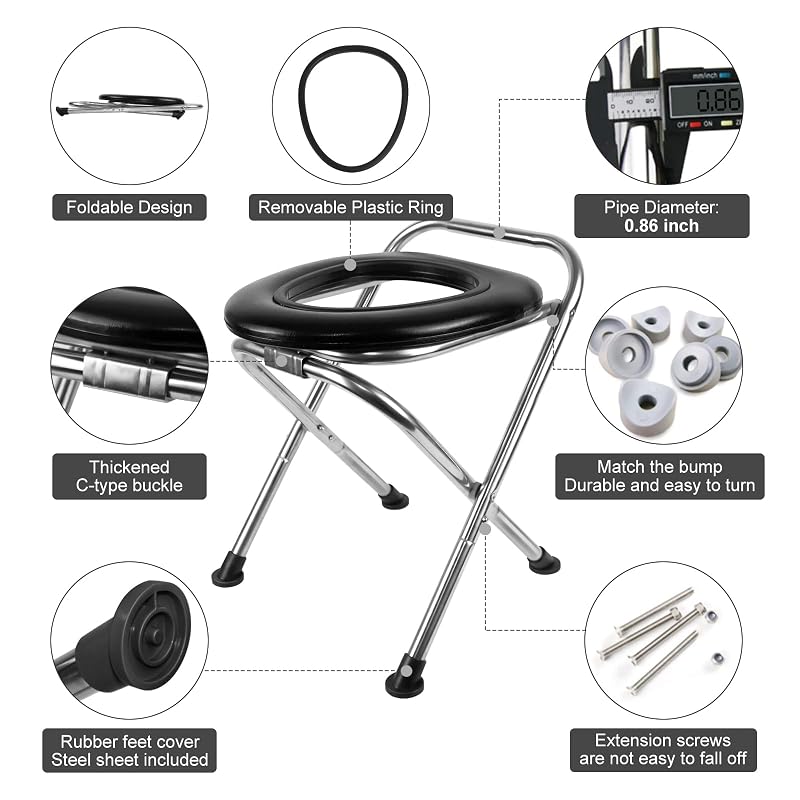 Portable Camping Toilet with Soft Seat, 350 lb Stainless Steel Foldable Travel Toilet – 16.5 Inch, Round Variation