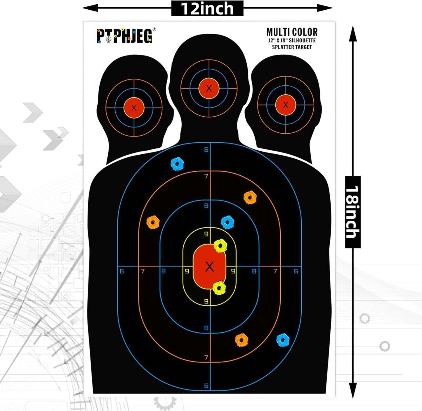 10/25/50 Paper Targets for Packet Ranges, Bulk for Hunting, Silhouette with Red Bullseye, Three Target Points (12x18 inches)