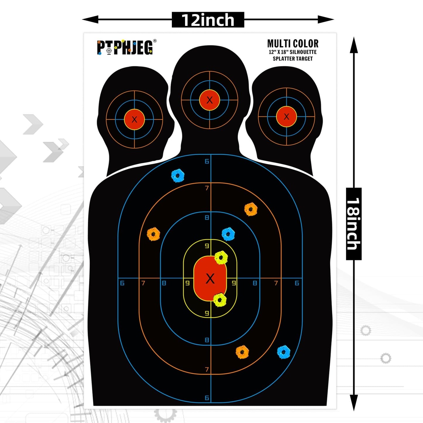 PTPHJEG 10 Paper Targets for Packet Ranges, Bulk for Hunting, Silhouette with Red Bullseye, Three Target Points (12x18 inches)