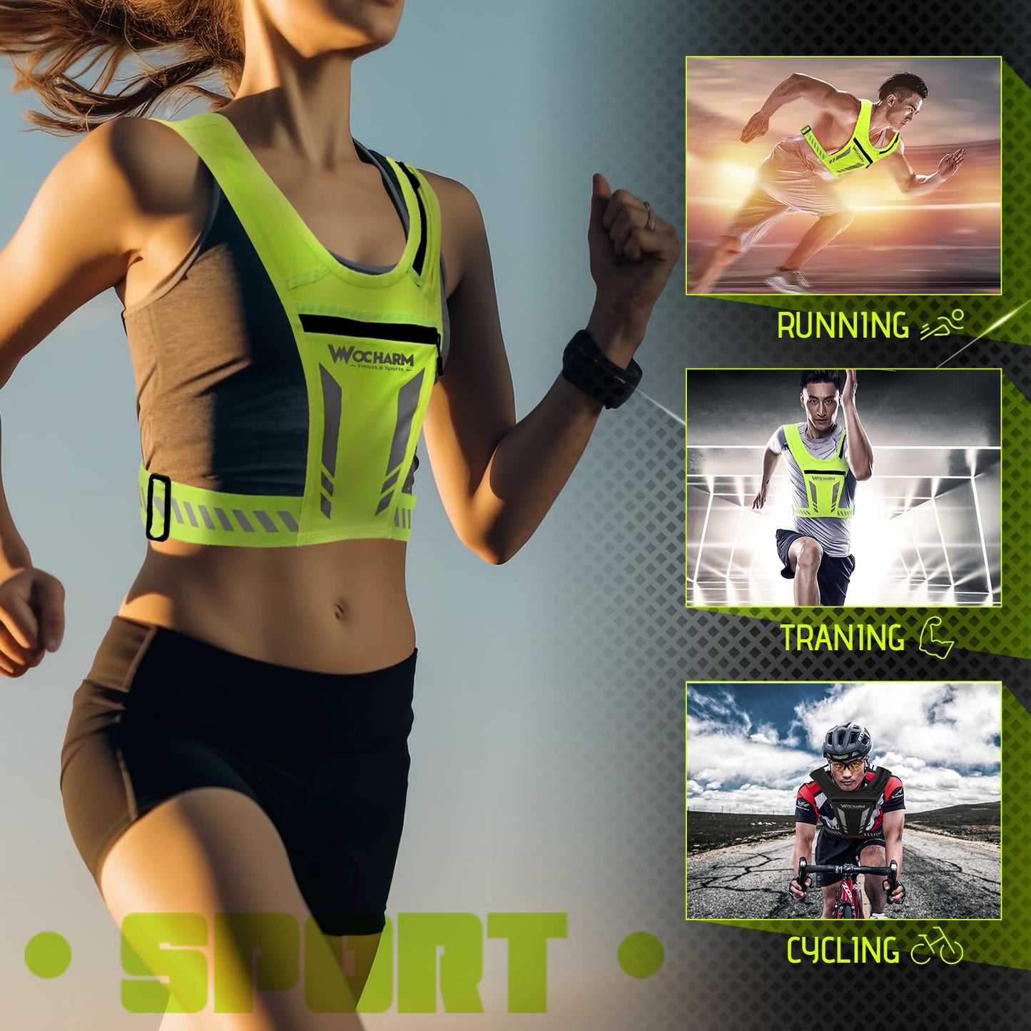 Reflective Vest Chest Phone Holder, Adjustable Hydration Training Workout Gear for Nighttime Running Biking Motorcycle Dog Walking (Fluorescent green)