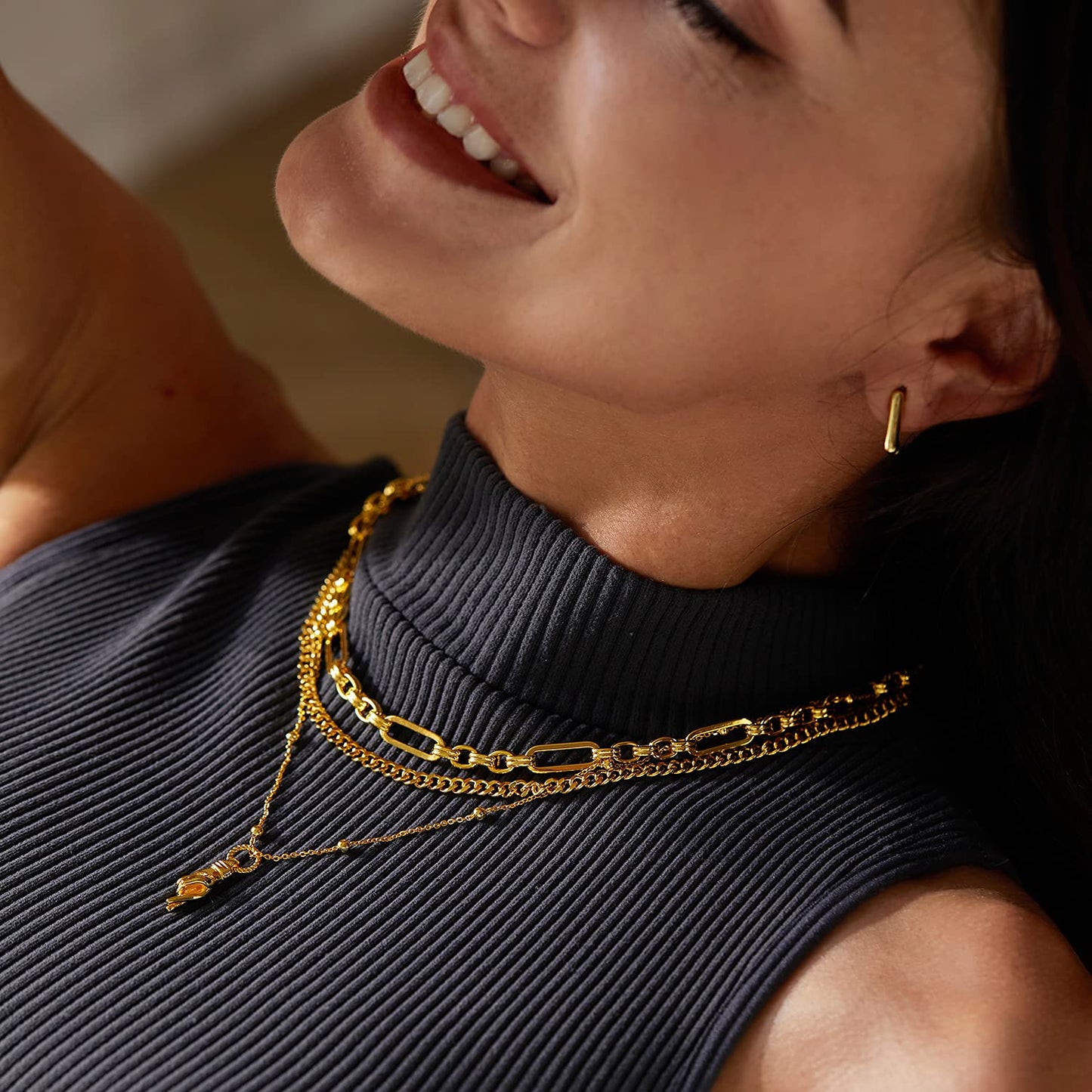 FRUMOS Dainty Layered Choker Necklace 18K Gold Plated Y Pendant Necklace Multilayer Adjustable Layering Choker Necklaces for Women Girls（Green gemstone pendant） (Green gemstone pendant)