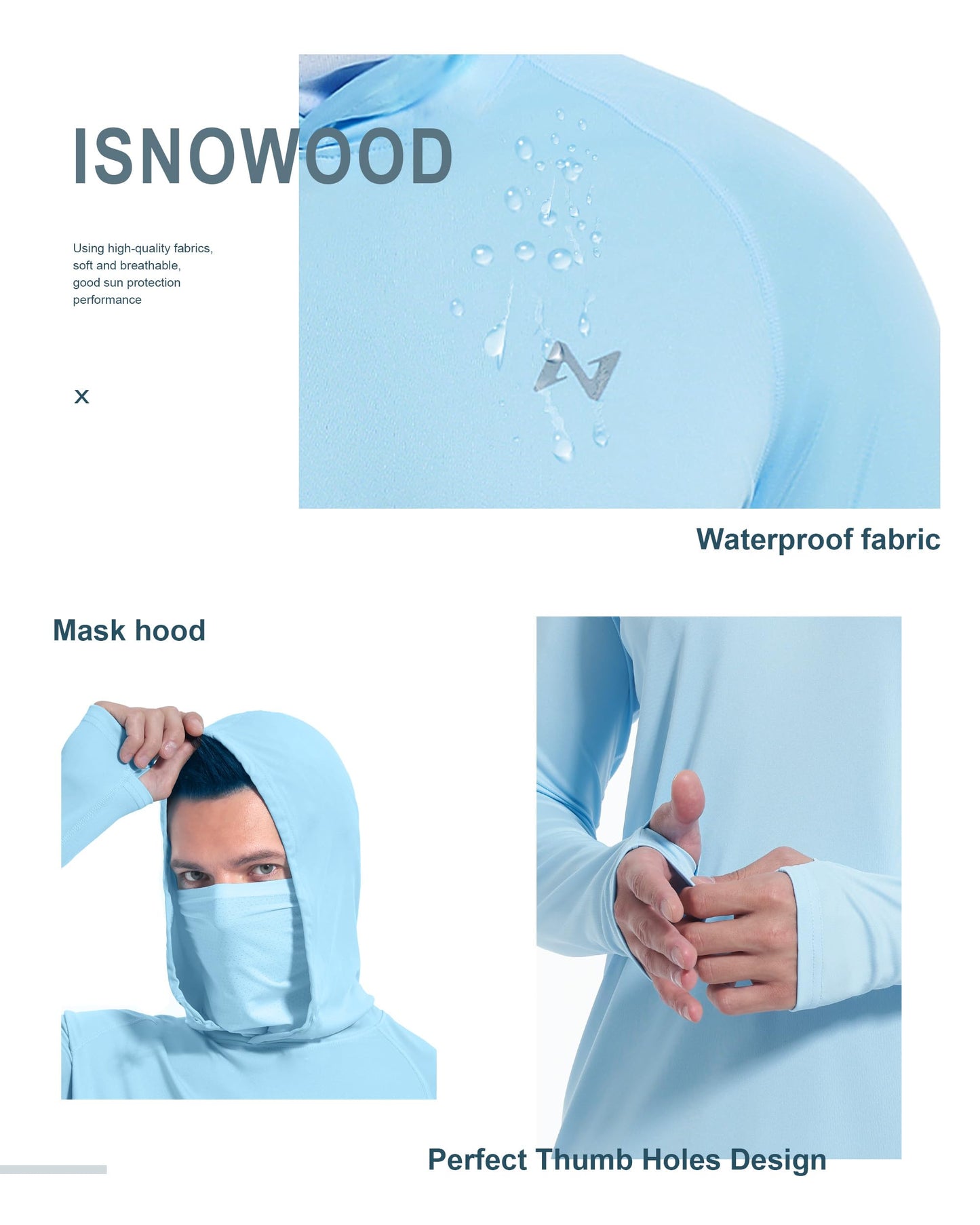 isnowood Sun Shirt UPF 50+ Men's Fishing Long Sleeve UV Protection Hoodie Hiking Rash Guard Swimming Running Light Blue