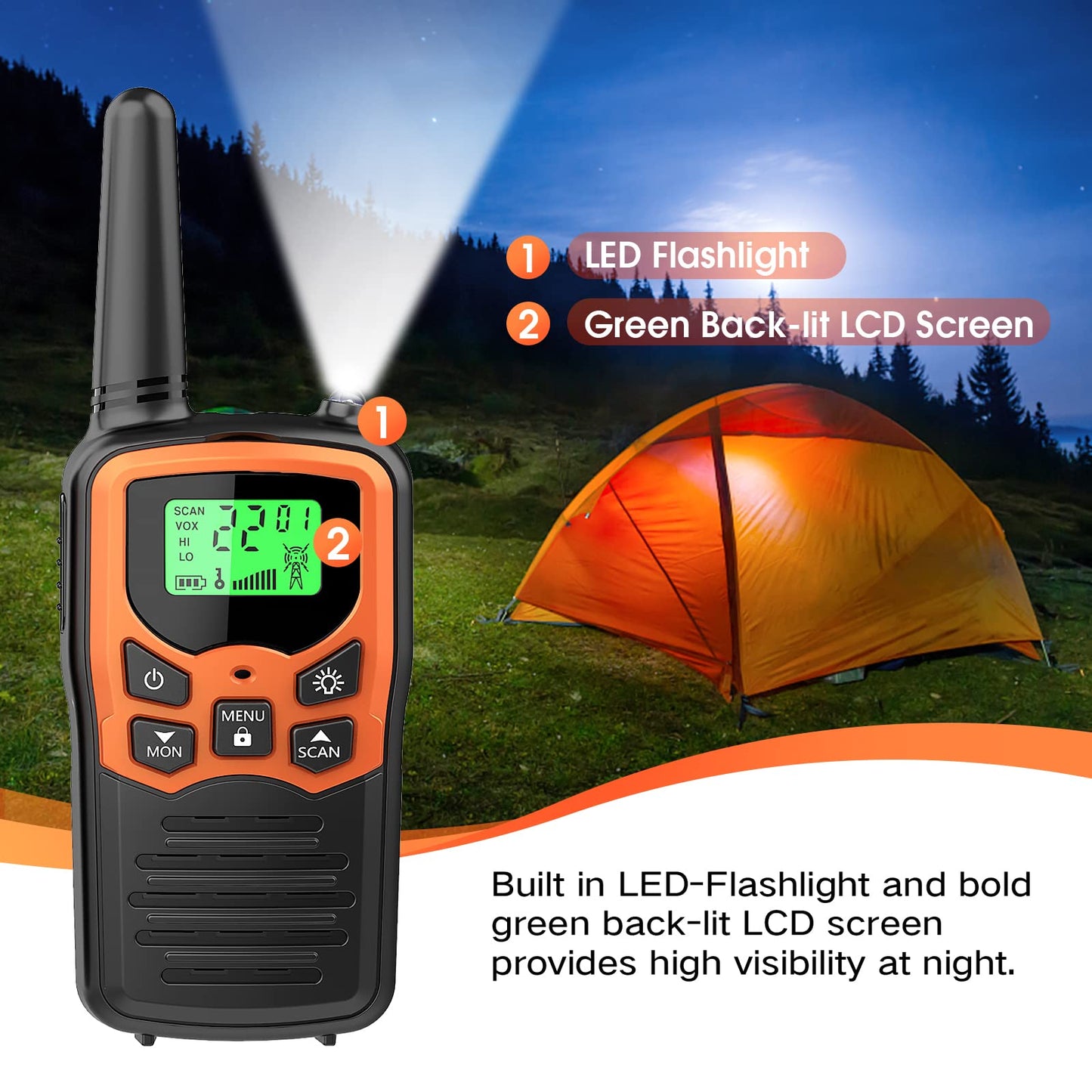 Walkie Talkies with 22 FRS Channels MOICO Walkie Talkies for Adults with LED Flashlight VOX Scan LCD Display, Long Range Family Radios for Hiking Camping Trip (Orange, 4 Pack)