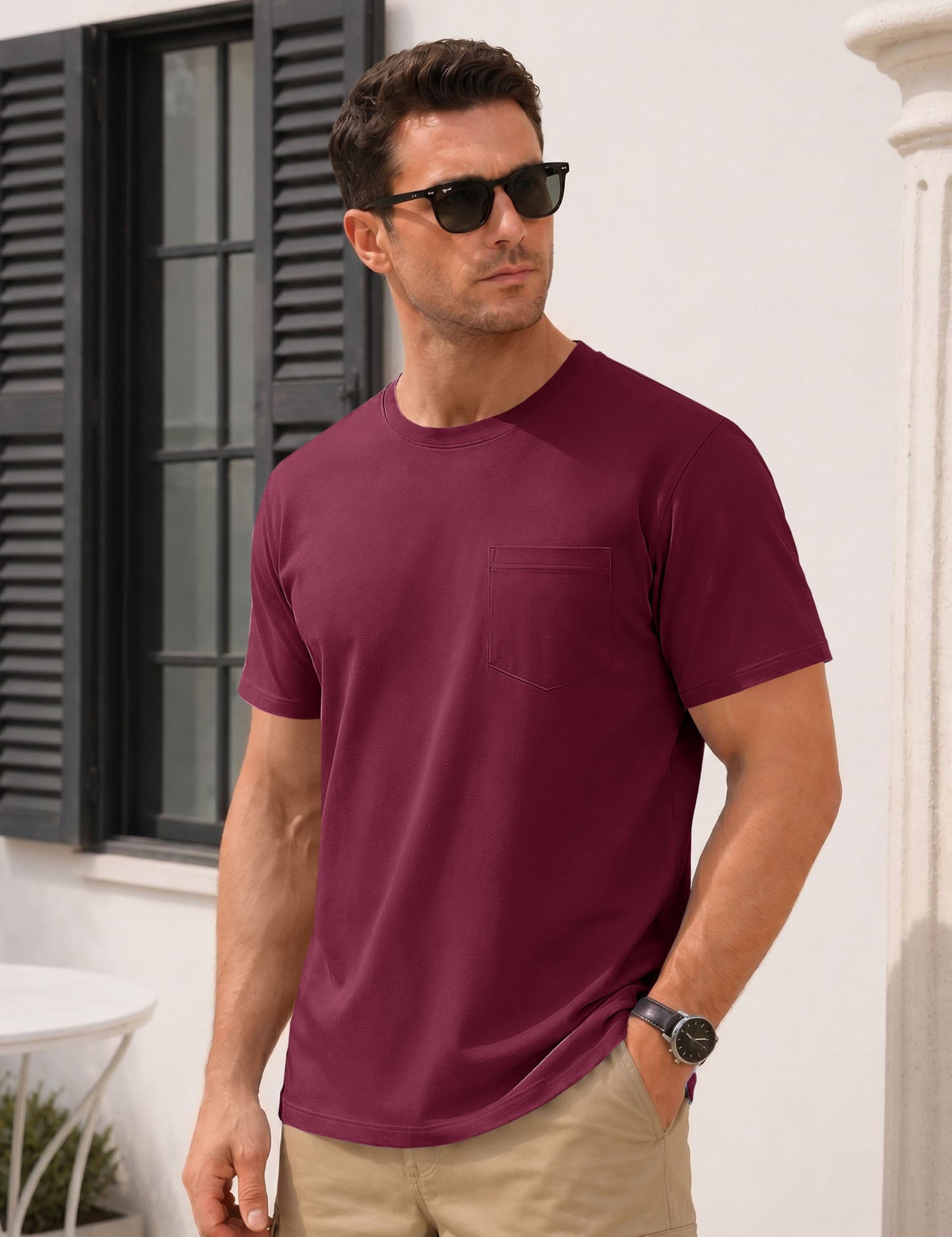 MAGNIVIT Pocket Shirt for Men Pocket Tee Cotton Tshirt Regular Fit Crew Neck T Shirt Short Sleeve Shirt Mens Pocket Tee Red L