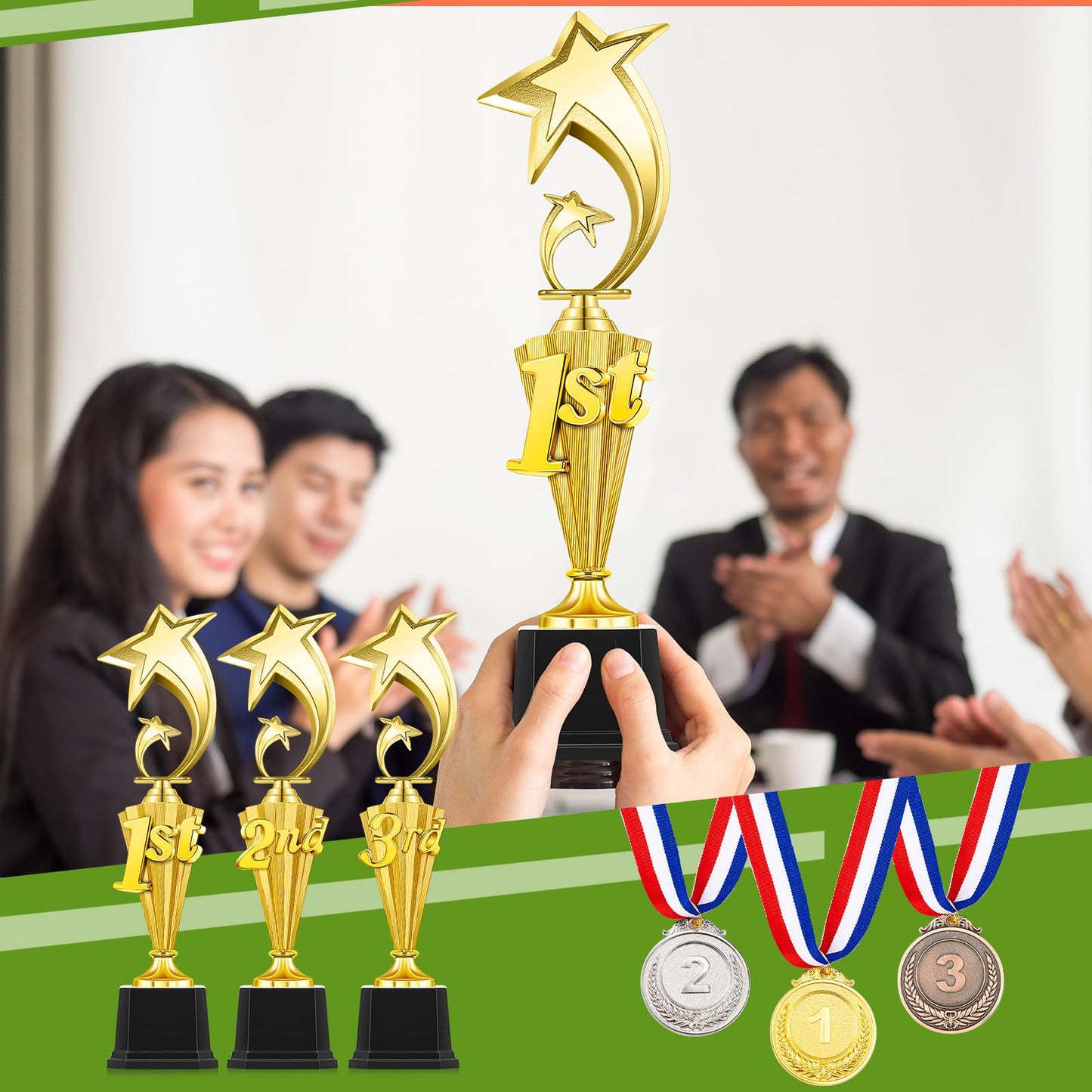 Motionchic 12 Pcs 1st 2nd 3rd Place Trophy Set 3 Award Medals in Gold Silver Bronze 3 Certificate Holders with Pages for Sports Basketball Soccer Competitions Reward Ceremony(Classic)