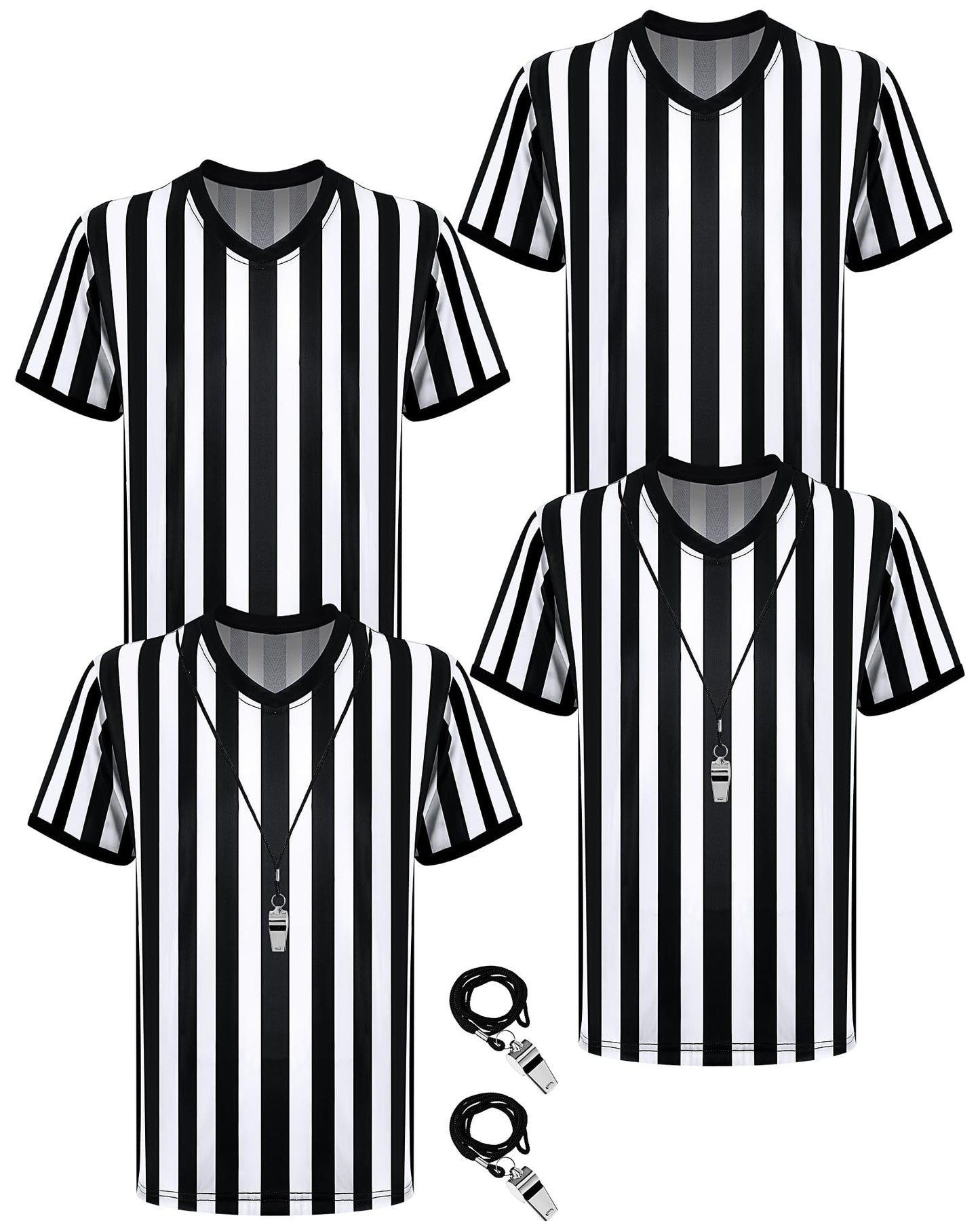 Sintege 4 Sets White and Black Soccer Referee Stripe Shirt with Whistle Official Referee Costume Shirt Football Umpire Jersey Halloween Costume for Adult(Adults Medium)