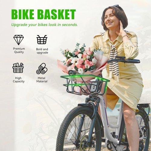 DDC SPORT 24 Inch Cruiser Electric Bike, E-Bike for Adult, Ebike with Removable Battery, Step Through Ebike for Women Men,City Electric Bicycle with Basket,for City Commuter (White)