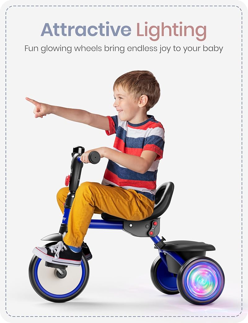 Besrey Blue Flash Wheel Tricycle for Toddlers 18 Months to 5 Years - 2-in-1 Foldable Kids Bike with Bell