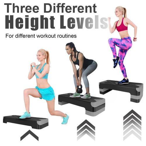 Ucootifly Aerobic Exercise Step Adjustable Aerobic Stepper for Exercise Workout Step Platform for Step Up, 27" Step Deck with 4” 6” 8” Adjustable Height Risers,Grey