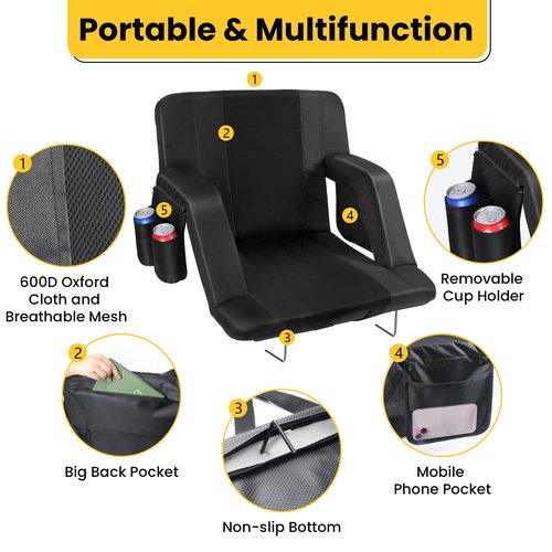 JTSIOV Stadium Seats with Back Support, 25" Extra Wide Bleacher Chairs with Back and Cushion, 3D Mesh Stitching Stadium Chair, 6 Reclining Positions Bleacher Seats for Sports Events (2pcs)