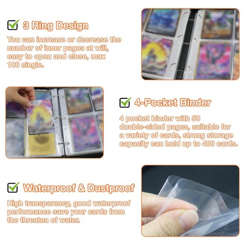 4 Pocket Card Binder, Trading Card Binder Fits 400 Cards with 50 Removable Sleeves, Waterproof Card Holder Album for MTG, TCG, Game Cards & Baseball Sports Cards, Collectors Boys Girls Gift