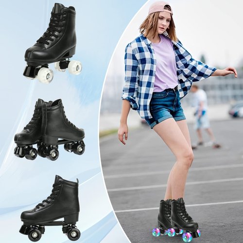 jessie Leather Roller Skates Roller Skates for Women Outdoor and Indoor Adjustable Four-Wheel Premium Roller Skates for Women Men Boys and Girls (Flash Wheel,Women's 8/ Men's 6.5)