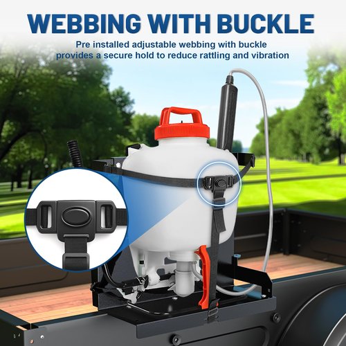 Backpack Sprayer Rack, Adjustable Backpack Sprayer Holder with Upgraded Buckle for Webbing Suitable for Open or Enclosed Trailers, Black