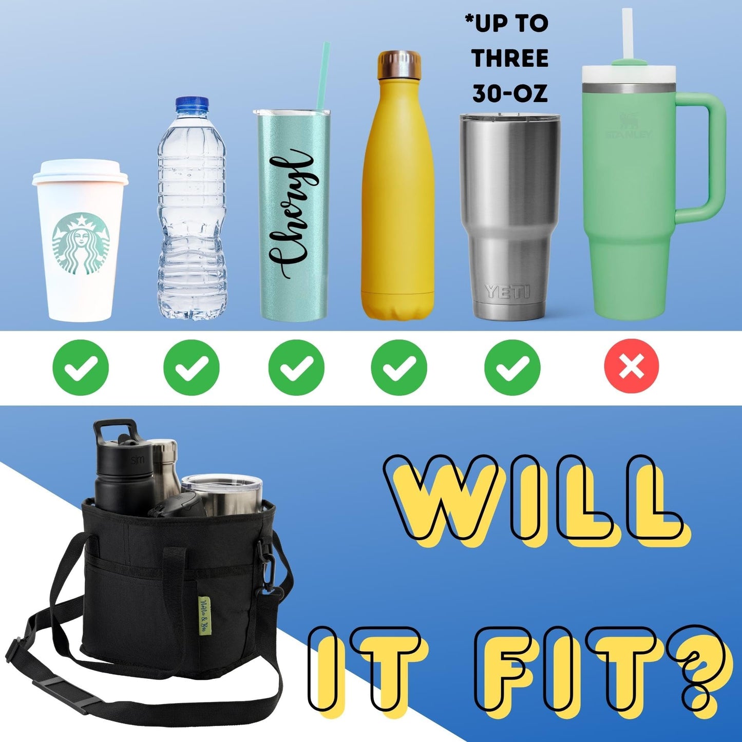 4 Water Bottle Holder with Strap | Family Size 4 Compartment Drink Bag, Multiple Tumbler Carrier Caddy | Adjustable Fits Large & Small Drinks | Hands Free, Won't Tip Over in Car (Black)