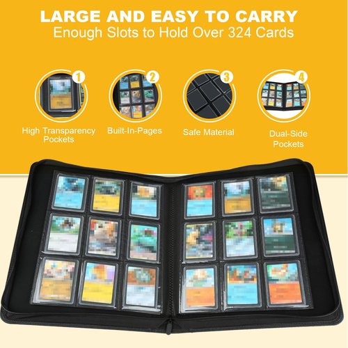 GERMUN Toploader Binder, Holds 324 Toploaders, 9 Pocket Top Loader Binders with Sleeves for 3 x 4'' Toploaders, Double-Sided Pocket Top Loader Storage Binder, Trading Card Binder - Diamond Black