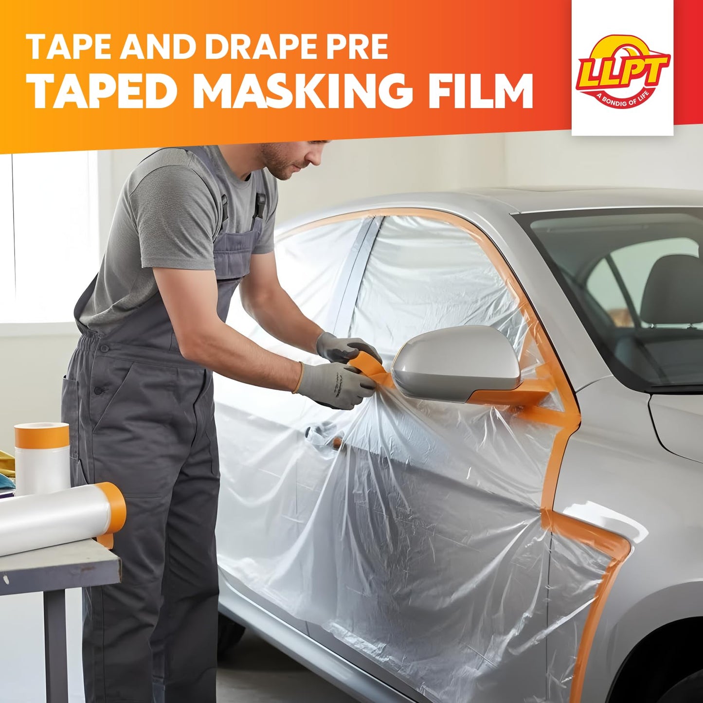 LLPT Tape and Drape 78.7”(Unfolded) x 66 Ft Each 2 Pack Pre-Taped Masking Film 0.27 Mil Painters Plastic Drop Cloth for Auto Wall Furniture Painting Dust Protection (MFT2002)
