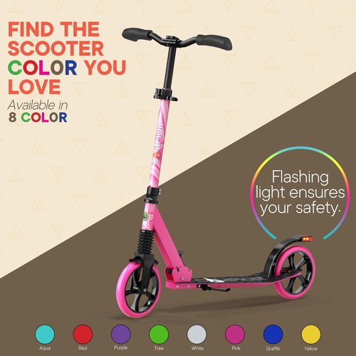 Campior Kick Scooter for Ages 6+, for Kids, Teens, and Adults, Max Load 240 LBS, Foldable, 8-inch Big Wheels for Kids and Adults, with Kickstand, 3 Adjustable Levels, Child Safety Approved, Pink
