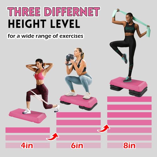 Fitvids Step Aerobic Platform with 4 Stackable Risers, 28'' Exercise Step Adjustable Height 4"-6''-8'', Fitness Training Workout Stepper for Home Gym, Cardio Strength, Black and Pink
