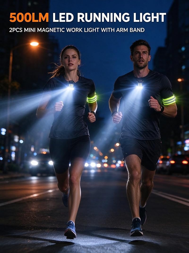 2 Pack 500LM Magnetic USB-C Running Light with Arm Band – Hands-Free LED Headlamp