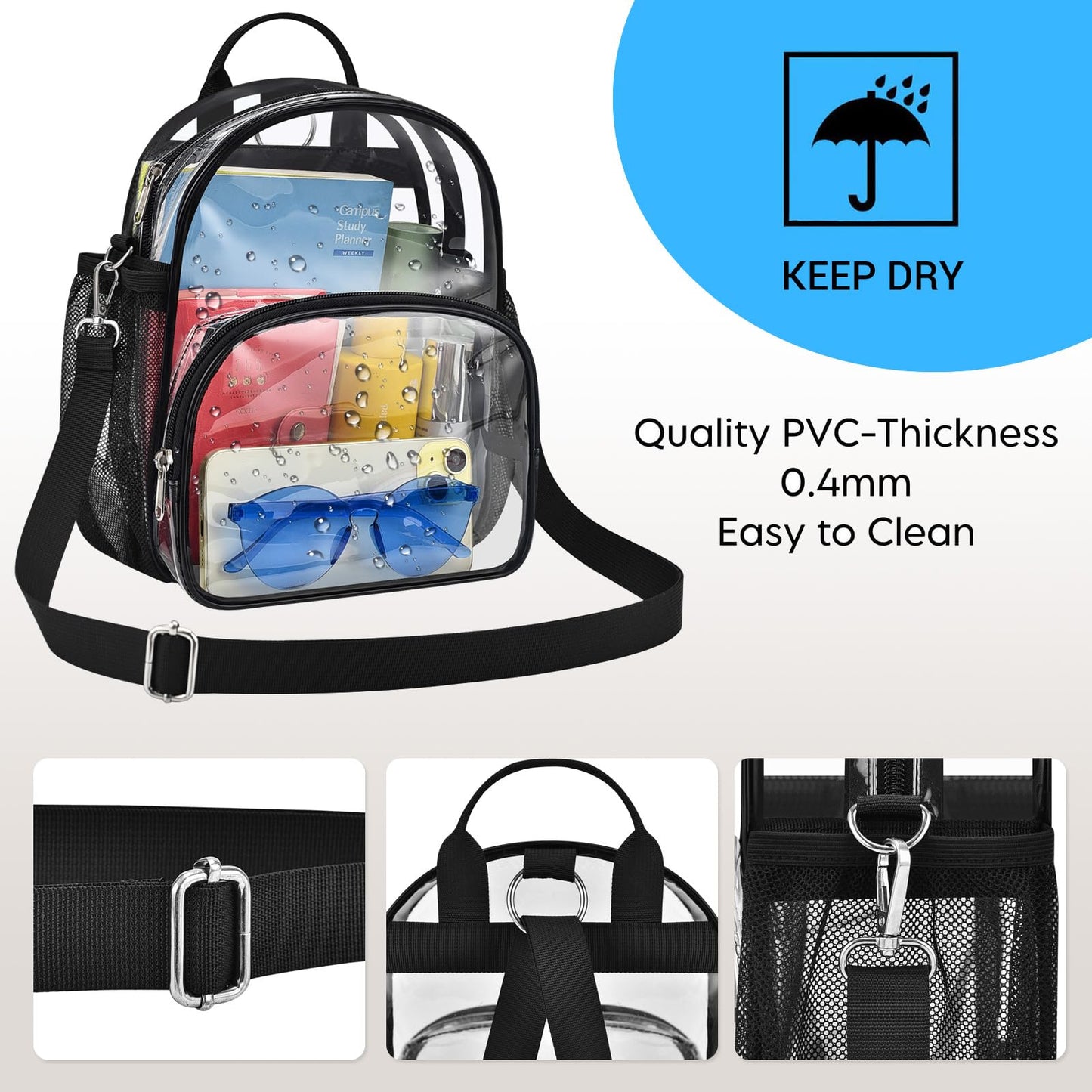 Higuyst Small Clear Backpack for Women - Concerts, Stadium Events Convertible Crossbody Bag with Side Mesh Pockets