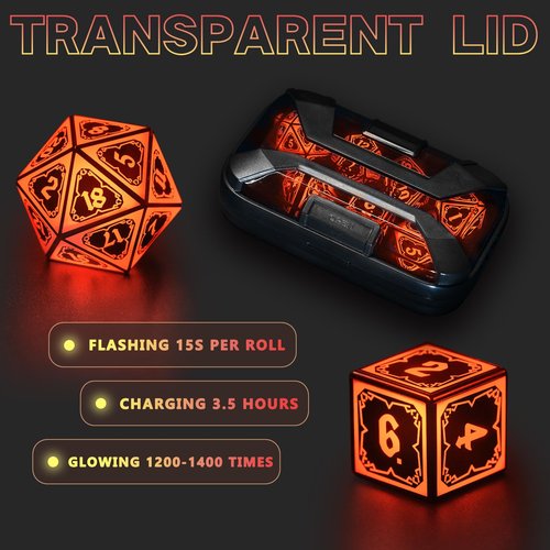 FONVGOGO Light up DND Dice Set Rechargeable,Cool LED D and D Dice 7pcs with Charging Box Polyhedral Dungeons and Dragons RPG Dice Set for Role Playing Table Game (Astral Shard Orange)