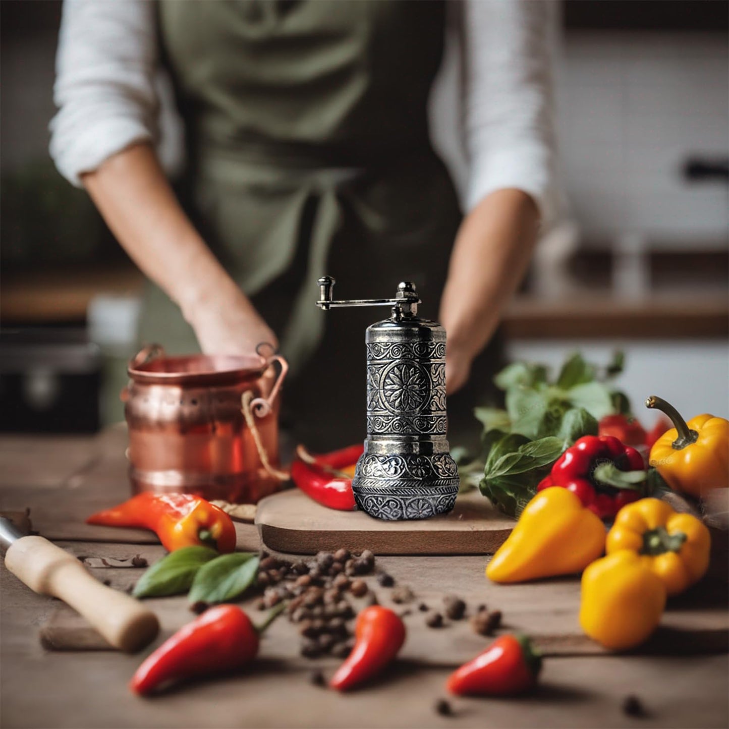 Bazaar Anatolia Turkish Pepper Mill Grinder Refillable Spice 4.2" Manual Crank Handle (Dark Silver)