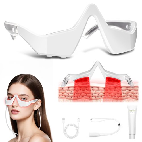 Under-Eye Light Therapy Device, Beauty Device with Eye Massage for Relieve Eye Bags, Eye Fatigue, Dark Circles, with Gel and Glasses Strap (White) 1