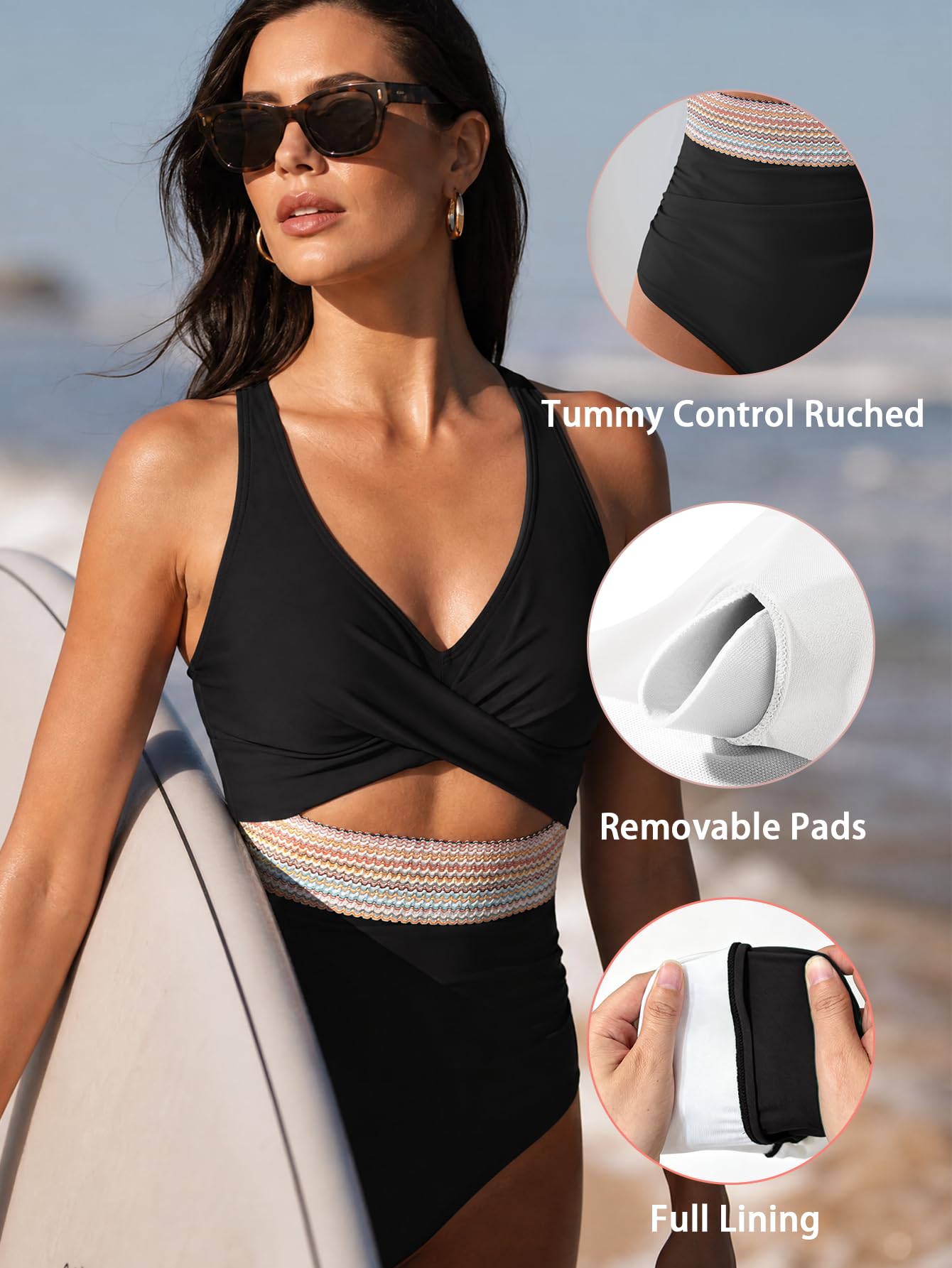 B2prity One Piece Swimsuit for Women Tummy Control V Neck Bathing Suit Color Block High Waisted Cutout Swimwear