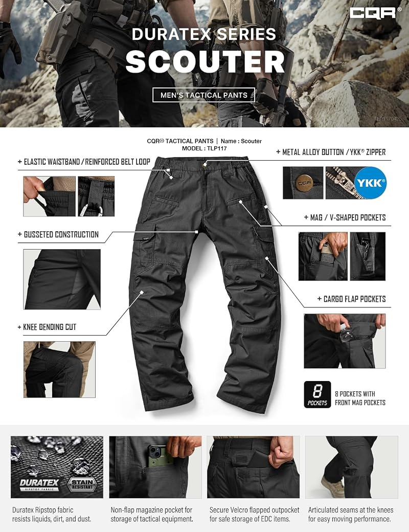 CQR Raider Black 34W x 32L Men's Tactical Ripstop Cargo Pants, Water-Resistant