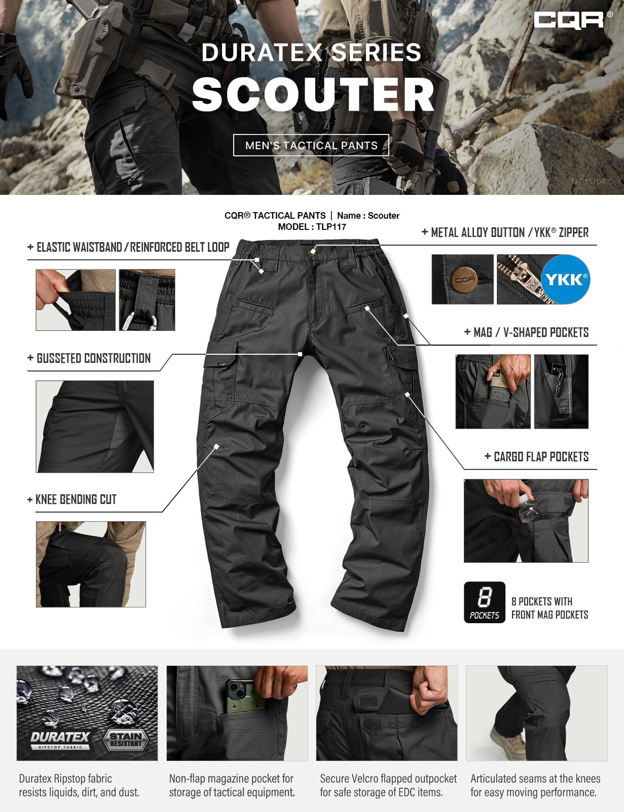 CQR Men's Tactical Pants, Water Resistant Ripstop Cargo Pants, Lightweight EDC Work Hiking Pants, Outdoor Apparel, Raider Black, 36W x 30L