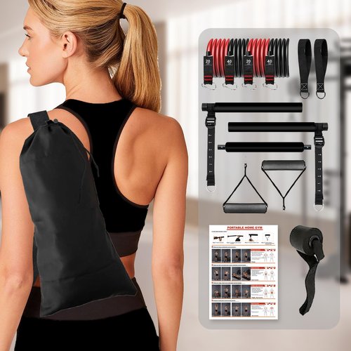 Pilates bar kit Multiple Fitness bar with Resistance Bands, Ab Rollers.Core Strength Training Equipment. Squat Machine for Men and Women.Portable Home Gym Pilates bar kit for Full Body Training Women