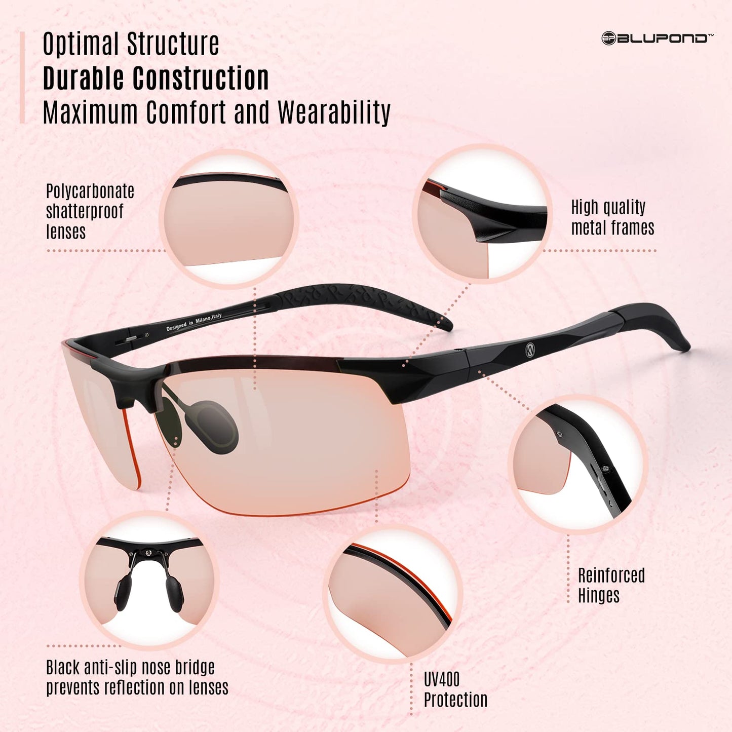 BLUPOND Shooting Glasses Women - Polarized Pink Lens Anti Fog Safety Sunglasses for Shooting Hunting Working for Men Woman