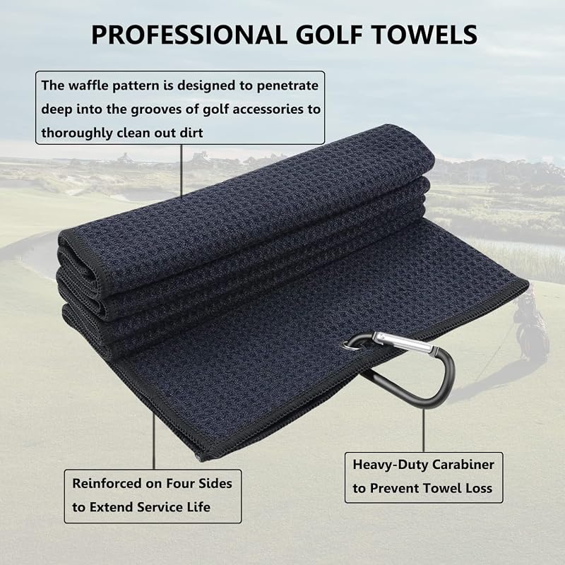 Variation: Black Grey Red - 3 Pack Large Golf Towels 16x24 Microfiber Waffle Towels with Carabiner Clip