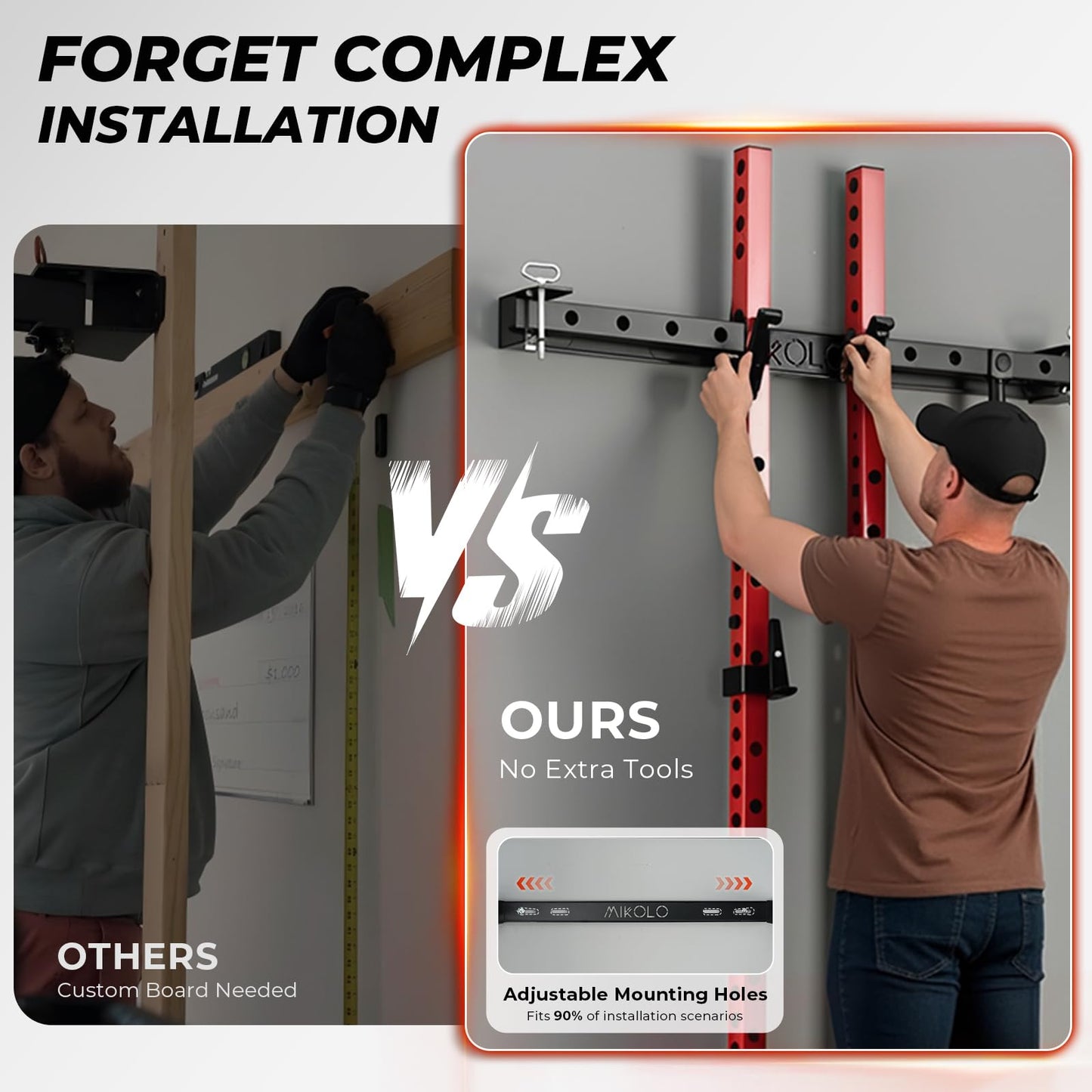 Mikolo 2" x 2" Folding Wall Mounted Squat Rack, 1000 Pounds Capacity Power Rack with Safety Catches, Pull Up Bar, J Hooks and Landmine Attachment, Space-Saving Home Gym(Red