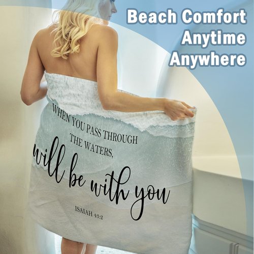 Xmsaitar Christian Coastal Beach Towel, Scripture Bible Verse When You Pass Through The Waters Bath Towels for Bathroom Swimming Pool, Sea Ocean Summer Microfiber Beach Towels Oversized Decor 30x60in