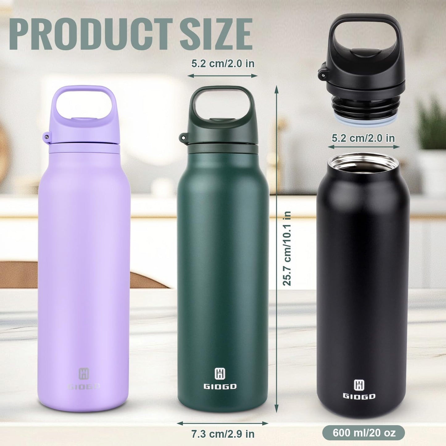 Insulated Thermo Water Bottle with Handle 20oz Stainless Steel Water Bottle Metal Water Flask Water Bottle for Hot and Cold Drink for Hiking, Workout, Gym, Travel (Purple, 600ml)