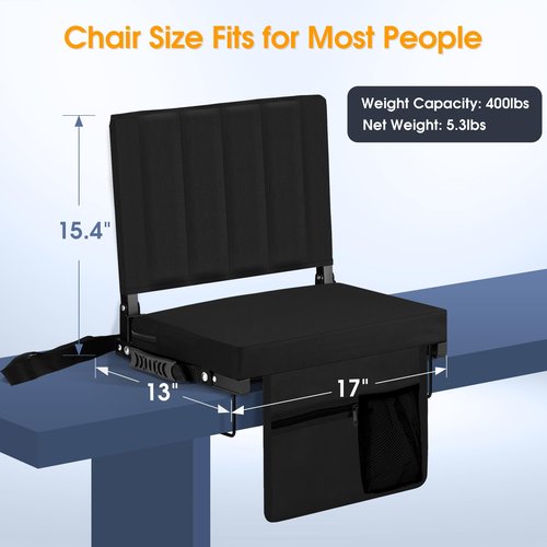 Halituny Stadium Seat for Bleachers with Back Support, Portable Bleacher Seat with Wide Comfy Padded Cushion, Metal Hook, Folding Stadium Chair with Shoulder Strap, Carry Handle, Cup Holder, Black