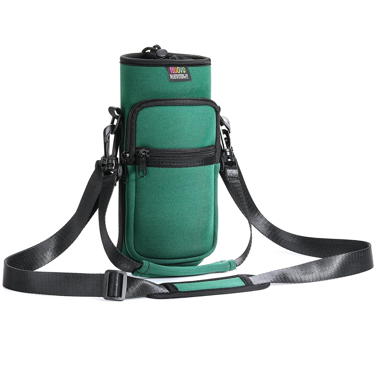 Nuovoware Water Bottle Carrier Bag, 40oz Bottle Pouch Holder, Adjustable Shoulder Hand Strap 2 Pocket Sling Neoprene Sleeve Sports Accessories for Hiking Travelling, Dark Green