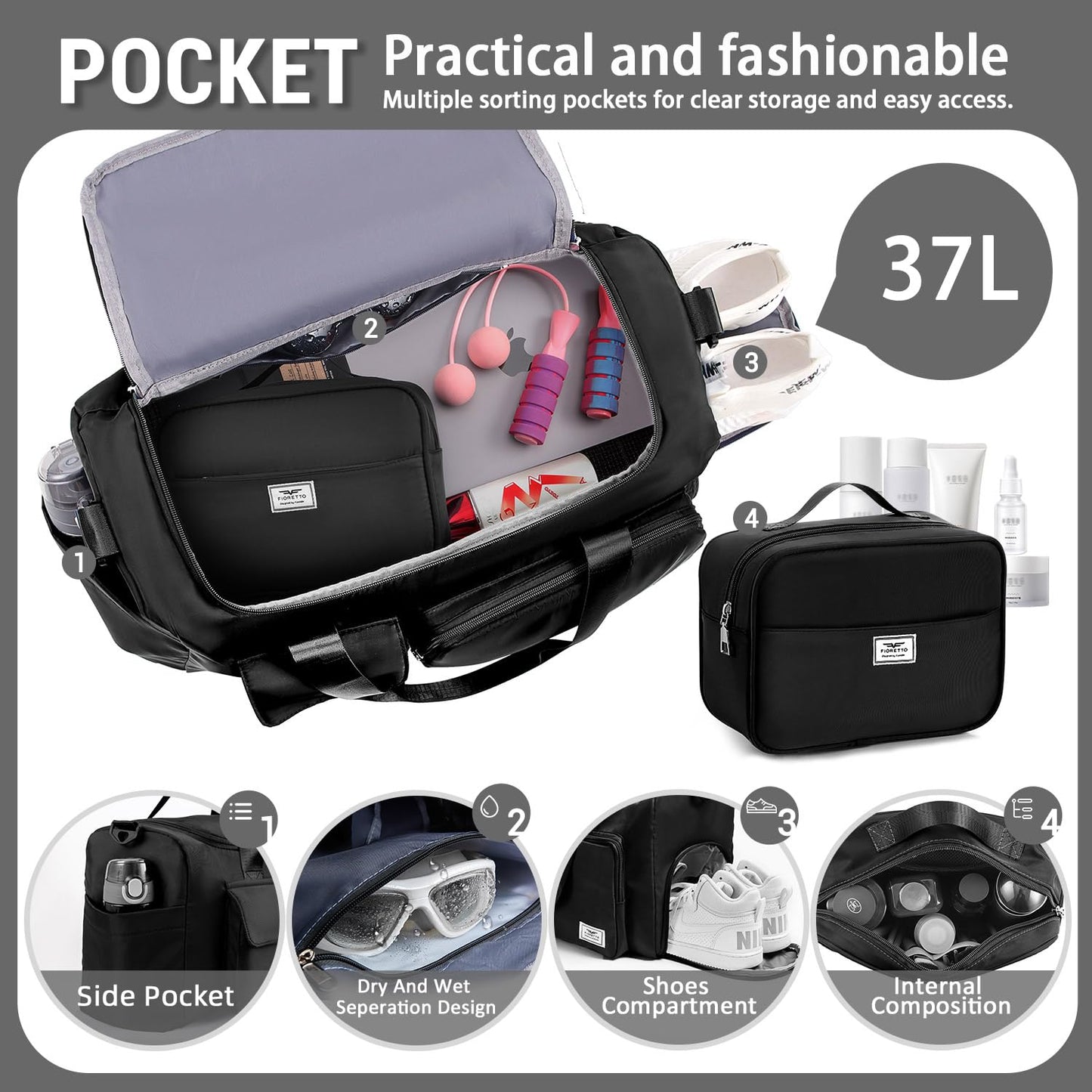 FIORETTO Women's Gym Duffle Bag with Shoes Compartment, 30L Capacity, Ideal for Travel, Gym, Sports, Duffel, Weekender, with Toiletry Bag, Black
