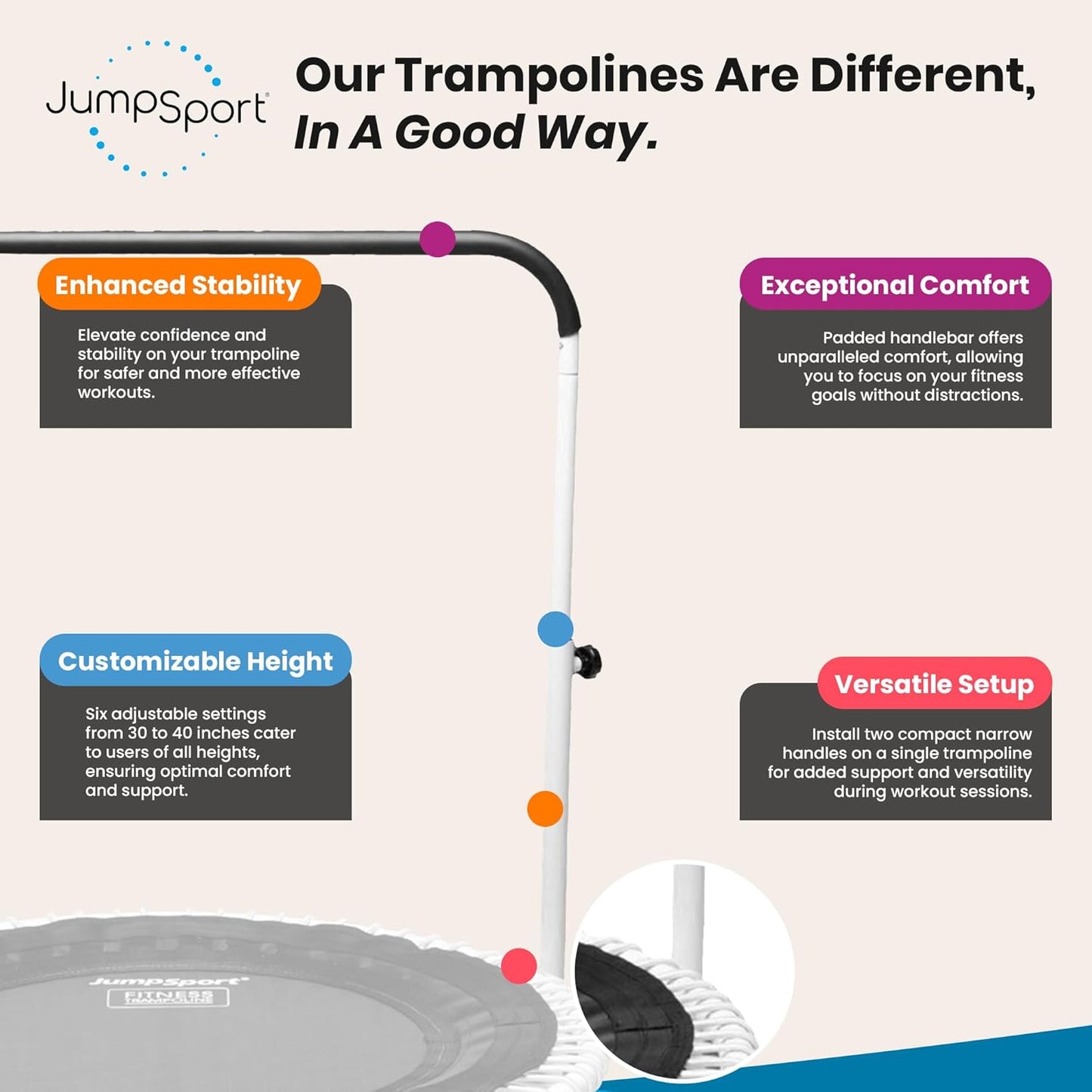 JumpSport Handle Bar Accessory for Arched Leg Fitness Trampolines | Black | Adjustable Height Settings | Trampoline Not Included
