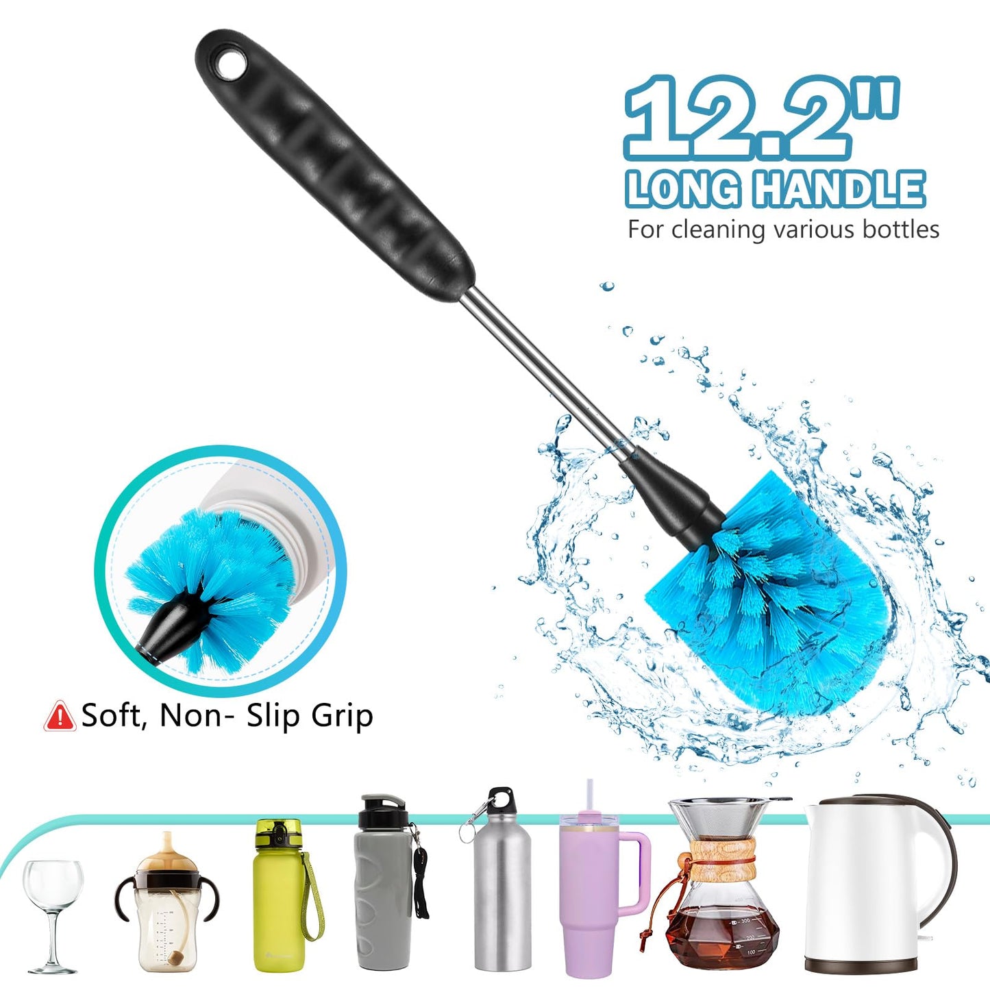 12.2 inch Bottle Brush Set of Three，Washable Coffee Cups, Water Bottles, Baby Bottles, Straws, to-go Cups, Long-Handled 3-in-1 Stainless Steel Bottle Brushes. (Blue)