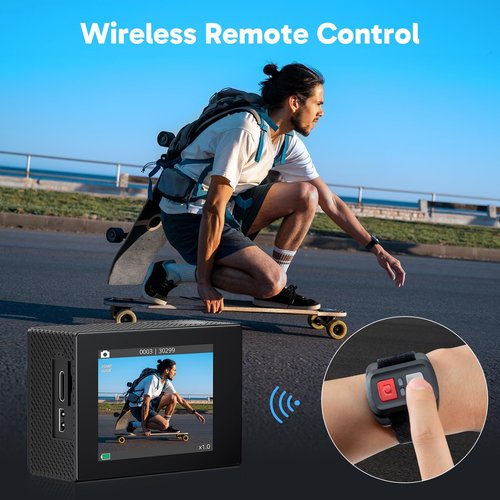 AKASO EK7000 4K30fps Action Camera with 128GB MicroSDXC U3 Memory Card Accessories Kit Bundle Ultra HD 131FT Waterproof Camera EIS WiFi Remote Control 4X Zoom Underwater Camera