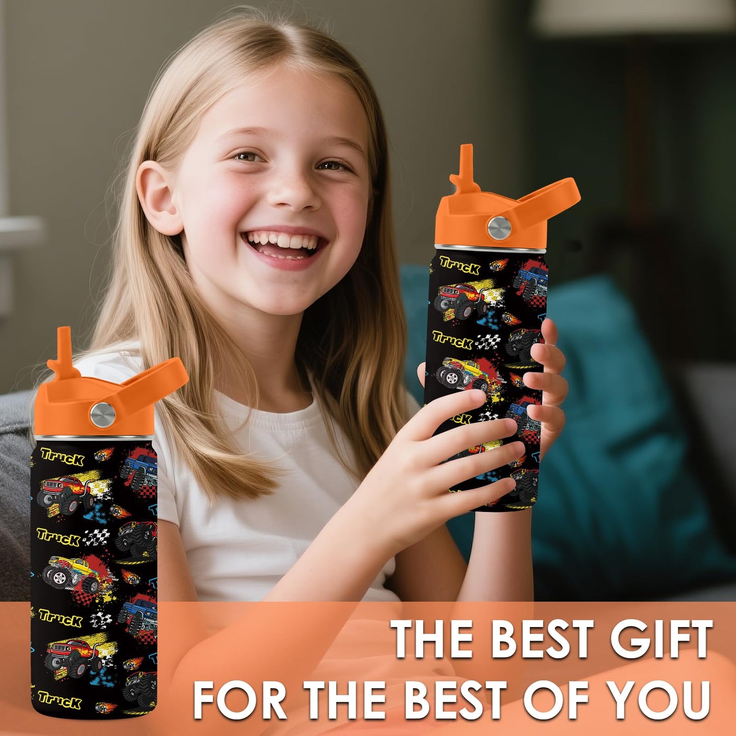 Monster Truck Gifts for Kids, 16oz Boys Water Bottle with Straw Lid, Stainless Steel Insulated Cup, BPA-Free, Leak Proof Kids Water Bottle for Monster Truck Fans, School Travel Birthday Gift (1pc)
