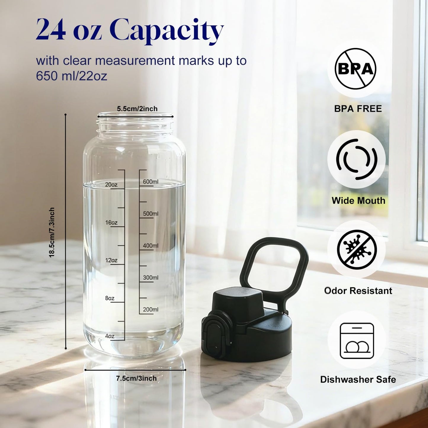 Neodaco 24 OZ Glass Shaker Bottle, Odorless Shaker Bottle with 304 Stainless Steel Ball and Removable Cleaning Brush for Fitness Protein Mixes