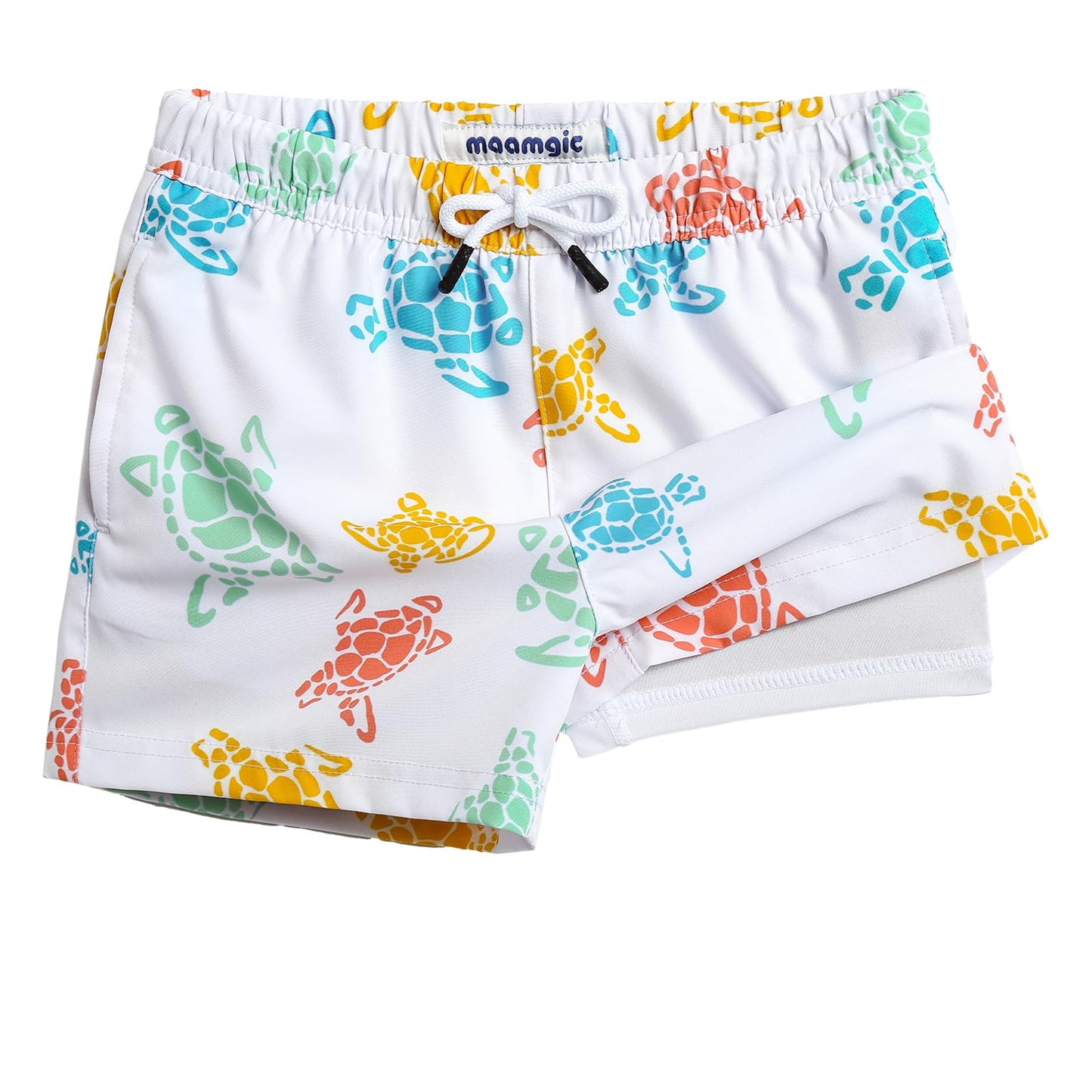 maamgic Boys Swim Trunks with Compression Liner Toddler Stretch Swim Shorts Quick Dry Swimming Trunks Boxer Brief 2 in 1 Beach Shorts White Colorful Turtles 7
