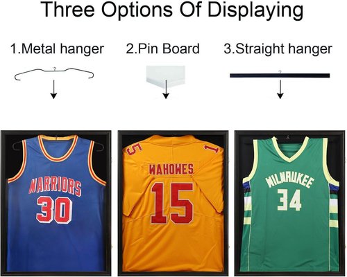 Tieeqe Jersey Frame Display Case-Jersey Display Shadow Box- Lockable Jersey Frame with 2 Wall Hangers and UV Resistant Acrylic-Display Case for Football Baseball Basketball Jersey-Black, Wood