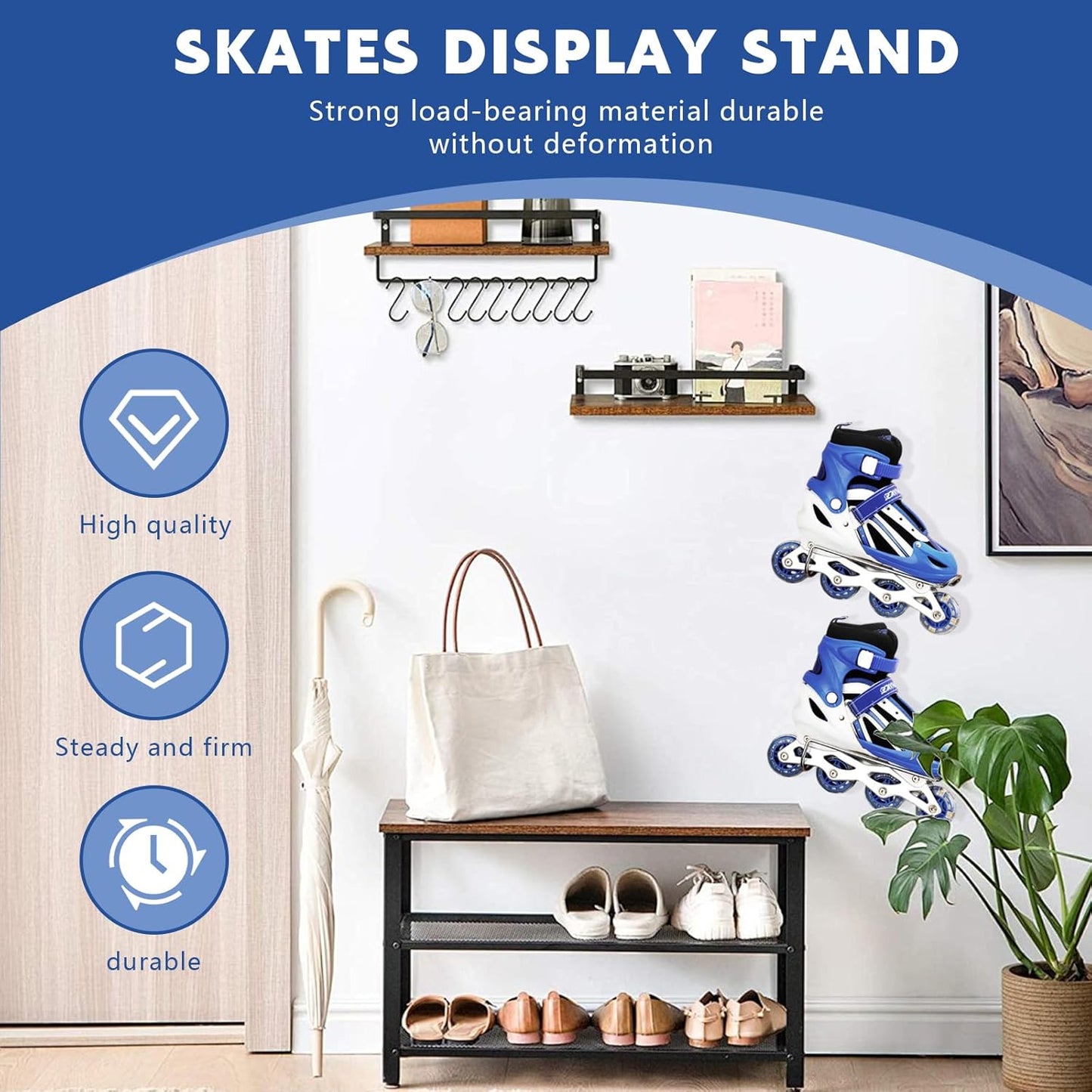 2 Pcs Roller Skate Display Stand, Ice Skate Rack, Wall Mounted Skate Rack, Roller Skate Holder for Ice Skates, Roller Skates Display Holder